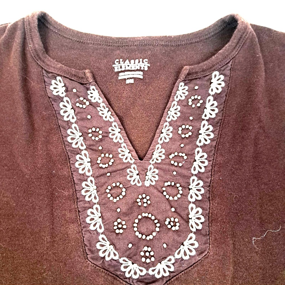 Classic Elements Top Women's M Brown Ivory Trim 100% Cotton Cottage Classic